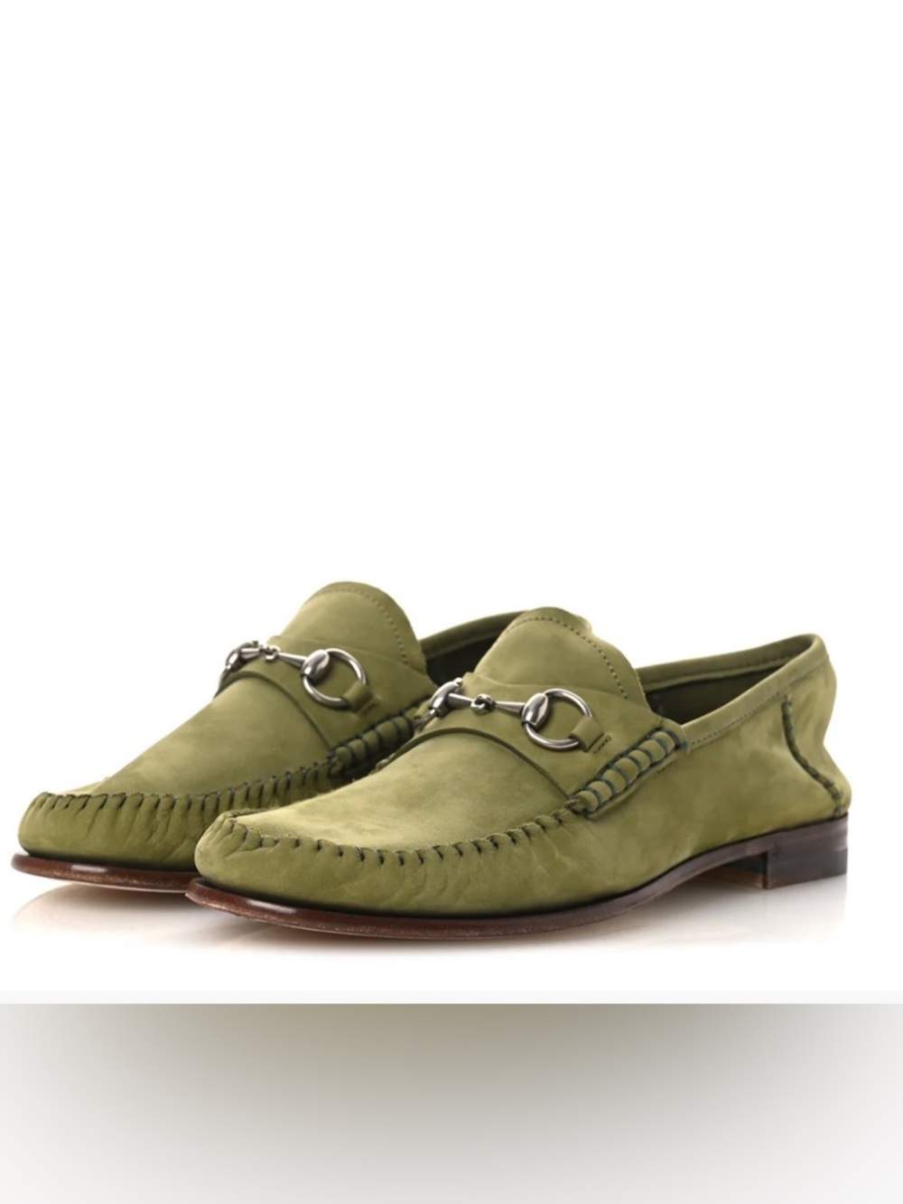 GUCCI Nubuck Womens Horsebit Loafers 38.5 Herbs Light Green